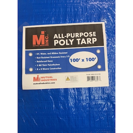 Mutual Industries Tarp, 100 ft x 100 ft, 5 Mil, Blue, Polyethylene, UV Resistant, Mildew Resistant 14963-25-100100